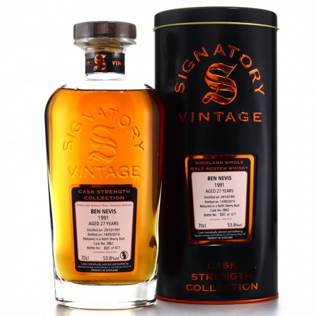 Ben Nevis 27 Year Old 1991 Refill Sherry Butt #3862 Signatory Vintage Cask Strength Collection Highland Single Malt Scotch Whisky 70cl 53.8%